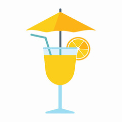 Vibrant Tropical Orange Cocktail with Yellow Umbrella and Light Blue Straw Against White Background for Summer Holiday Refreshment