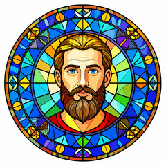 Vibrant Stained Glass Portrait of a Bearded Man Featuring Geometric Patterns and Rich Colors in Decorative Circular Design