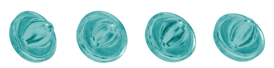 Set of 4 3d objects blue frosted ice isolated on a transparent background. Object index 37. Transparent frosted glass morphism icon. 3d abstract elements for graphic design.