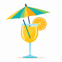 Vibrant Yellow Cocktail with Orange Slice and Colorful Umbrella on White Background Featuring Blue Straws in a Refreshing Summer Theme