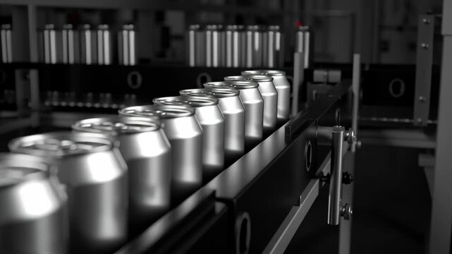 Aluminum can beverage production line in factory with shiny metal containers moving on conveyor belt packaging process