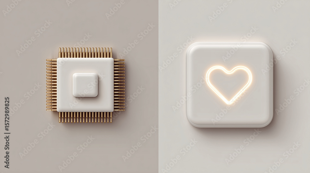 Poster two 3d rendered minimalist icons, a cpu and a glowing heart, representing the intersection of techno