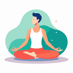 Woman Meditating in Lotus Position with Teal Backdrop for Yoga Wellness Promoting Mental Calm Balance and Healthy Lifestyle Illustration