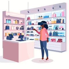 Woman Wearing VR Headset Experiencing Virtual Store with Products on Display Shelves in Pink and White Interior with Modern Design