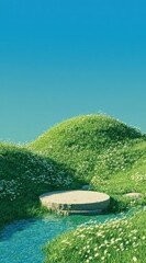 Cartoon grassy hill with stone podium, clear stream and white flowers under blue sky, bright green gradient background for digital game environments, website headers and social media banners.

