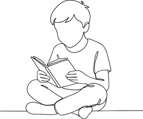Boy Sitting Reading a Book Line Drawing for Education and Leisure Themes