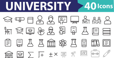 University Icon Set Collection of Educational Symbols for Design Projects and Academic Presentations Featuring Essential School and Learning Related Graphics