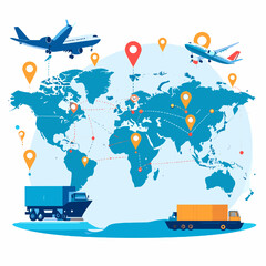 World Map with Airplanes and Trucks Representing Global Shipping and Logistics Network with Orange Pins on a White and Light Blue Background