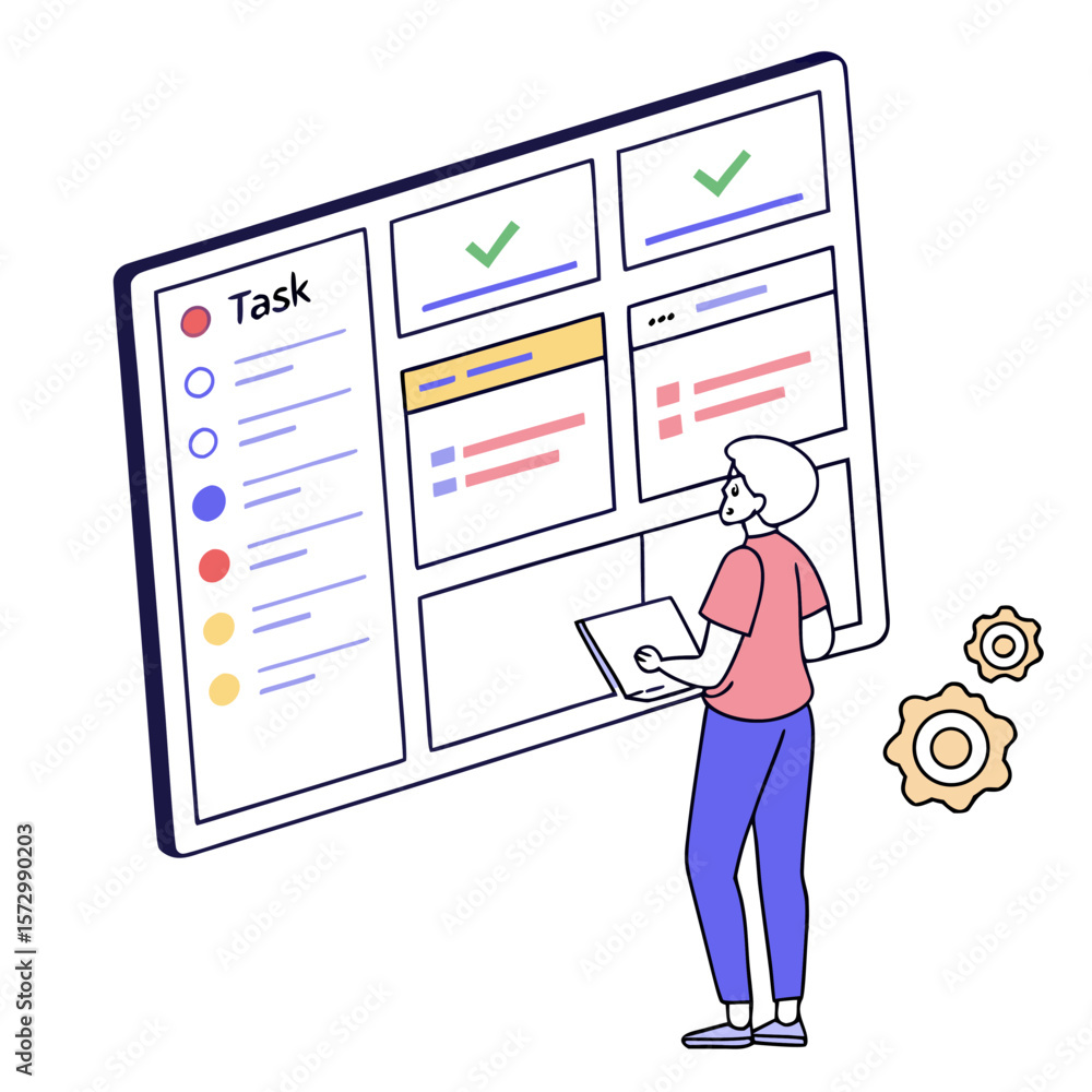 Poster person reviewing a digital task management board with completed tasks and progress indicators symbol