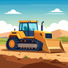 Yellow Bulldozer on Construction Site with Clear Blue Sky and Mountain Landscape in Daytime