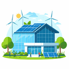 Modern Eco Friendly House with Solar Panels and Wind Turbines Generating Clean Energy Under a Sunny Sky in a Green Environment