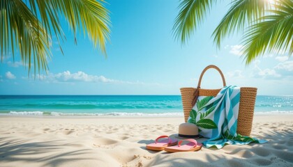 Sunny beach scene with white sand, flip flops and a straw hat. A towel with a green leaf lies on the bag, turquoise ocean and clear blue sky with clouds.