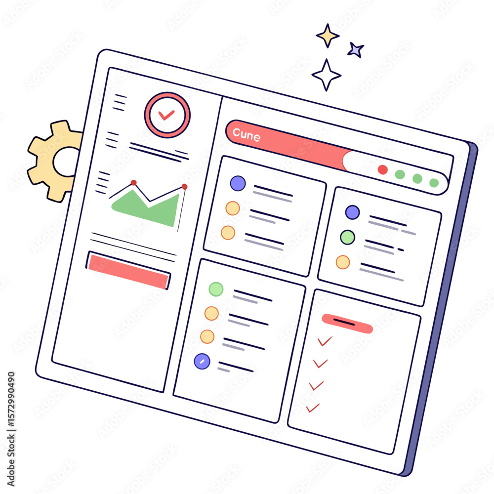 Poster modern flat design illustration of a digital dashboard interface on a tablet screen displaying chart