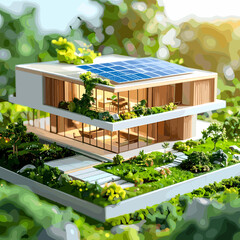 Modern Geometric House with Solar Panels Surrounded by Lush Greenery, Clean Lines and Contemporary Design, Bright Daylight and Sunny Facade