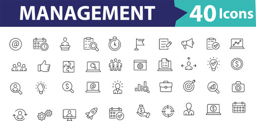 Minimalist Management Icon Set Featuring Business, Strategy, Planning, and Leadership Concepts for Modern Design and Visual Communication Projects