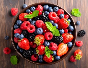 Obraz premium Fresh ripe mixed berries in a white bowl, perfect for a healthy summer dessert or breakfast