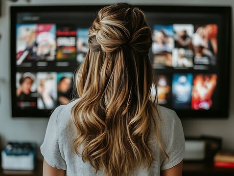 Woman watching television screen with various program selections displayed