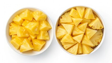 Two Bowls of Fresh Pineapple Chunks: Cubes and Triangles, Bright Yellow, Studio Shot, White Background, Healthy Food, Tropical Fruit