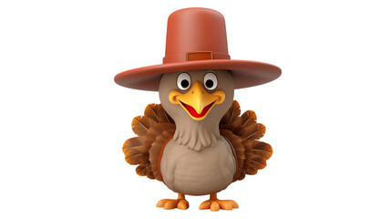 Cute cartoon turkey with pilgrim hat on a transparent background makes a delightful Thanksgiving mascot.