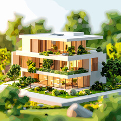 Modern Three Story House with Clean Geometric Lines and Lush Greenery in the Background under Sunlight