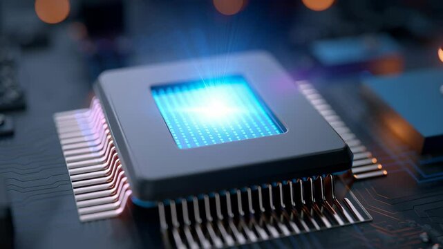 Glowing microchip electronic circuit board with advanced technology and electronic components showcasing futuristic design