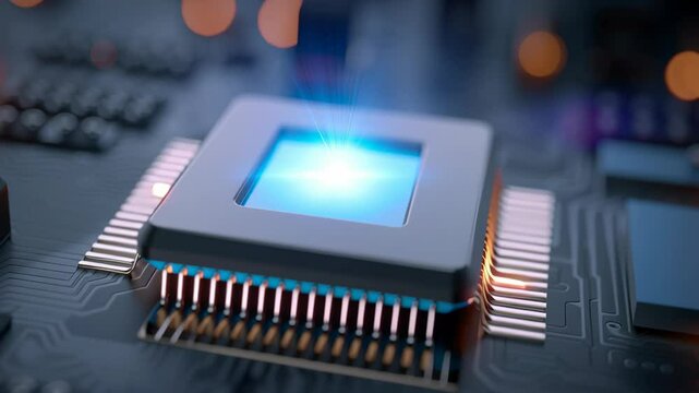 Microchip circuit technology electronic processor computer close up glowing blue light hardware digital component microprocessor