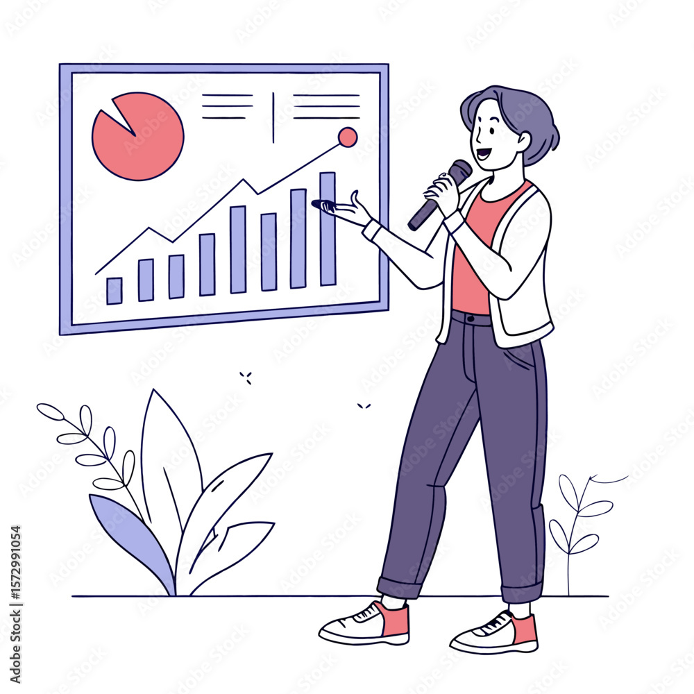 Aufkleber a confident woman presents a business growth chart and pie chart during a presentation holding a mic