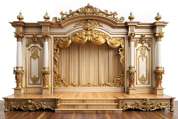 Naklejka premium Baroque Wooden Stage with Gold Leaf on White Background