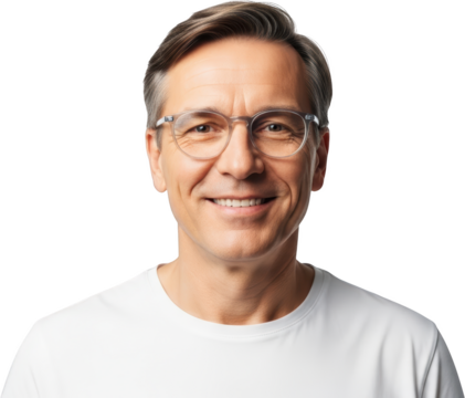 Smiling Caucasian man with graying hair and glasses wearing a white t shirt looking at camera - Powered by Adobe