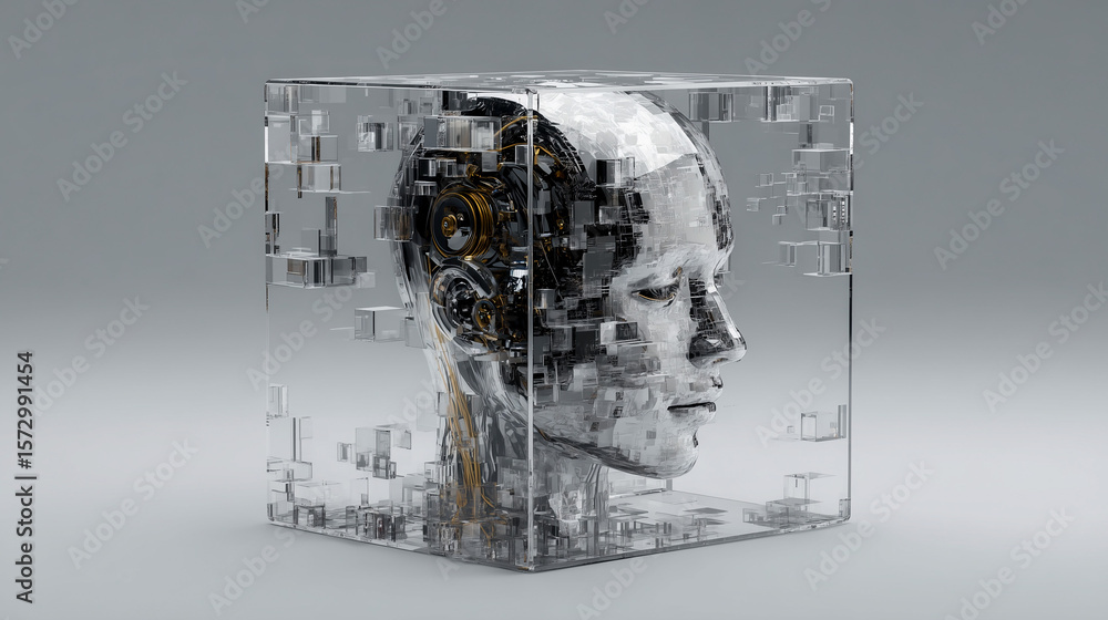 Poster 3d render of a futuristic metallic humanoid head encased within a clear cube, symbolizing artificial