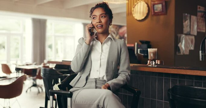 Woman, lounge and smile with phone call for travel, coffee and message at cafe reception on business trip. Hospitality, accommodation and person in lobby with smartphone, luggage and conversation