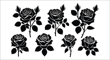 Black Rose Silhouettes With Buds And Leaves flower leaf