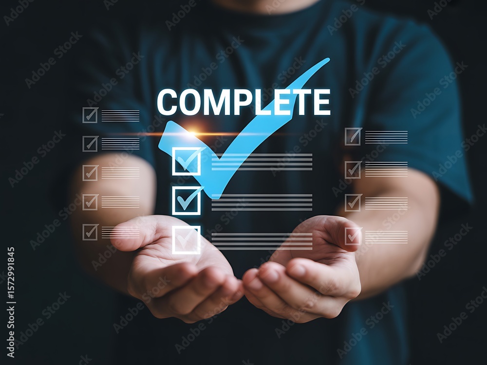 Poster person holding digital checklist with completed tasks and checkmarks completion success