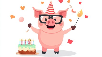 Naklejka premium illustration pig with cake and candles