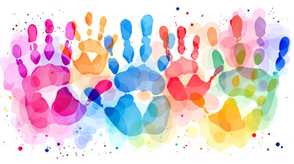 Fototapeta premium A colorful abstract illustration of painted handprints on a white background representing creativity, teamwork, and fun