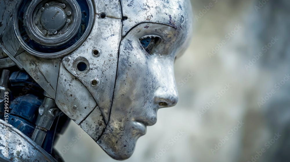 Poster closeup side profile of an advanced humanoid robot's metallic face, showcasing intricate details and