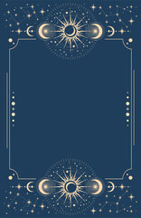 Celestial magical background for astrology, tarot. Blue postcard with a frame in a bohemian design, stars, copy space. Magic vector illustration