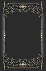 Celestial magical background for astrology, tarot. Black postcard with a frame in a bohemian design, stars, copy space. Magic vector illustration