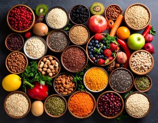 A colorful collection of healthy mixed fruit and vegetables, with dried chili and other spices in a bowl