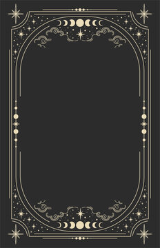 Celestial magical background for astrology, tarot. Black postcard with a frame in a bohemian design, stars, copy space. Magic vector illustration