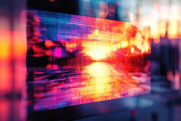 Fototapeta premium Fuzzy loading graphic with vibrant colors and sunset reflection on a distorted screen, Loading Graphic On Fuzzy Screen