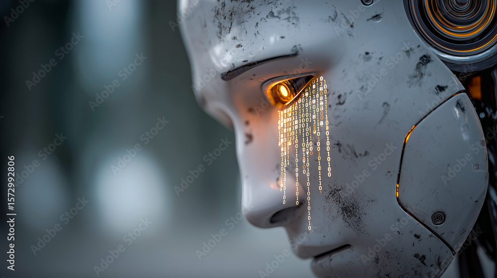 Poster a terrifying close-up of a robot's eye with a glowing red iris and binary code streaming downwards l
