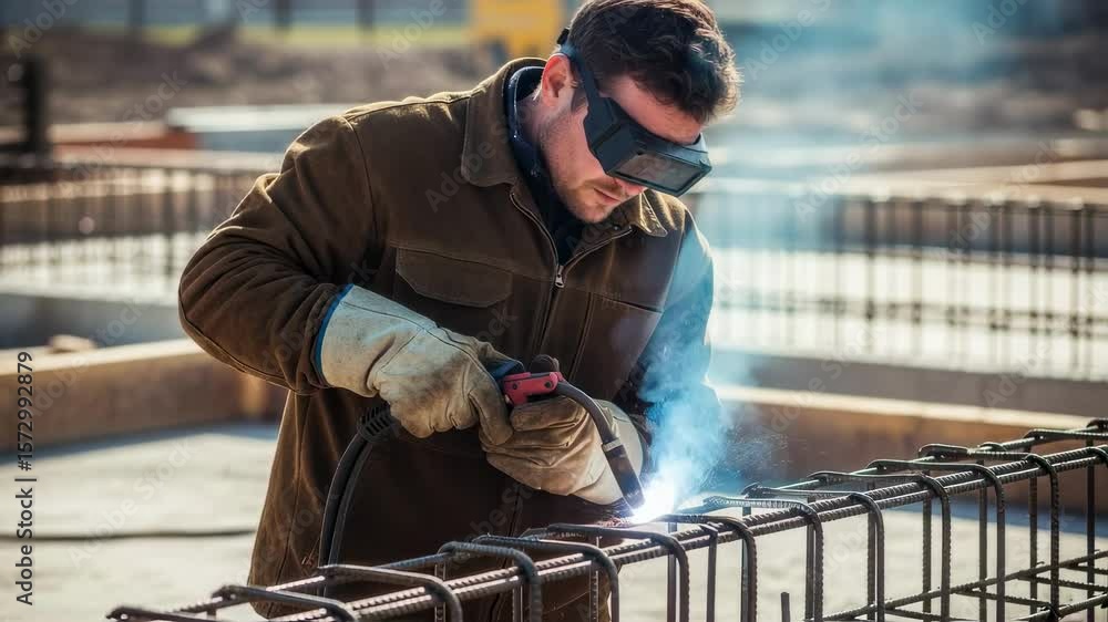 Poster manual laborer performing welding tasks during foundation reinforcement process