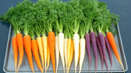 Colorful fresh carrots with green tops arranged on metal tray, top view of multicolored vegetables