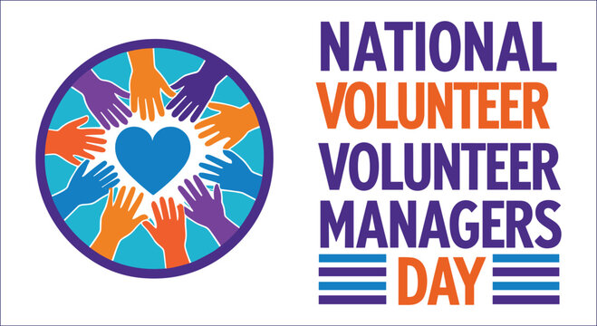 Diverse hands forming heart shape with national volunteer managers day text diversity unity