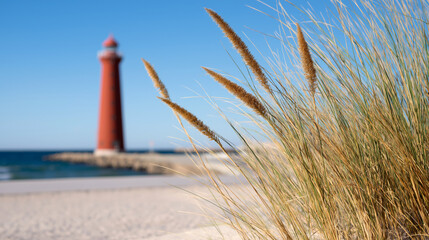 Close-up of beach grass on sandy coast with red lighthouse in background.