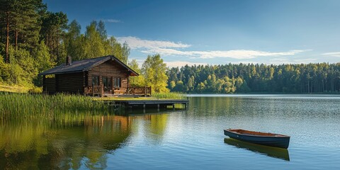 A lakeview cabin with a dock and gentle rowing boat floating nearby