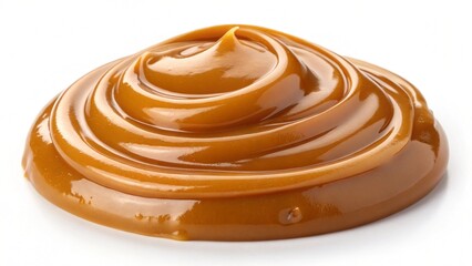 Swirled Caramel Sauce, Rich Golden Brown, Sweet Creamy Texture, Delicious Dessert Topping, Food Photography.