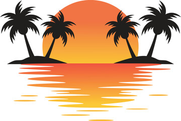 sunset in the bay between two palm coconut tree vector logo design. Palm Tree With Sunset at The Beach or Island. Sunset and Palm Tree Logo.  Vector Illustration.