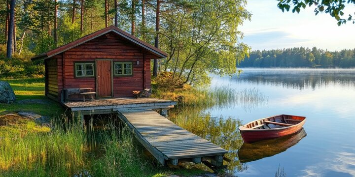 A lakeview cabin with a dock and gentle rowing boat floating nearby